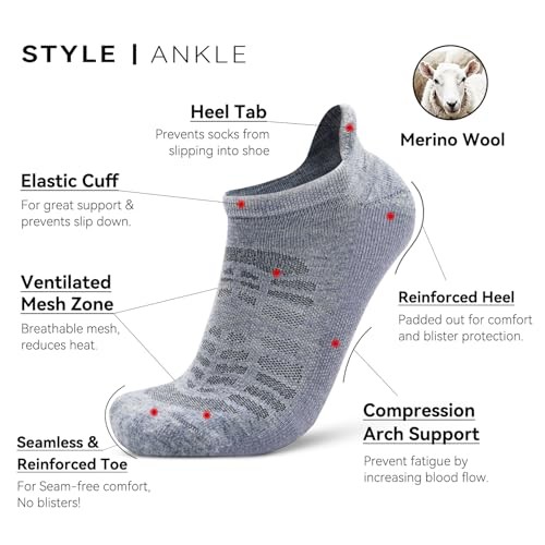 Ankle Merino Wool Blend Running Walking Socks Small-Medium 3 Pairs Light Grey