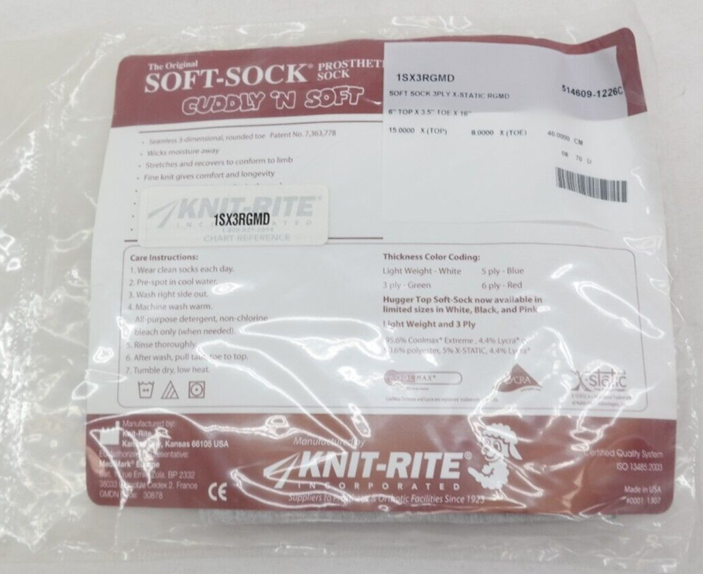 Knit-Rite Prosthetic Leg Soft Sock 3 Ply 6″ Top x 3.5″ Toe x 16″ Model 1SX3RGMD