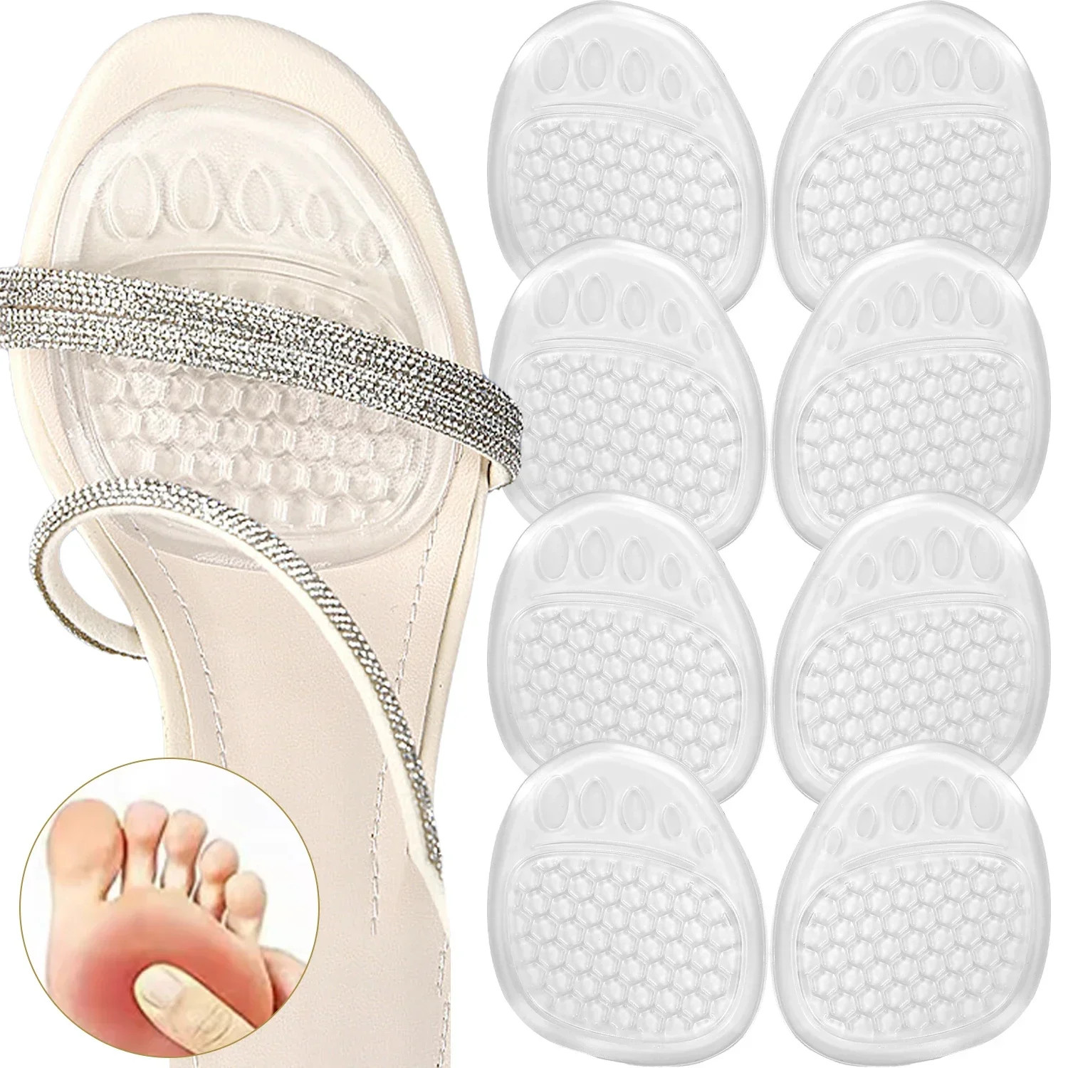 4Pairs Forefoot Insert Cushion Pads for Women Shoe Anti Slip Silicone Foot Pain