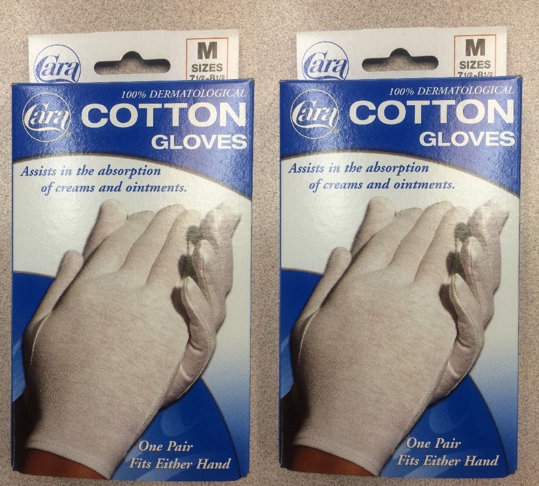 2 Pairs Cara 100% Dermatological Cotton Gloves Medium Sizes 7.5-8.5 Free Shiping