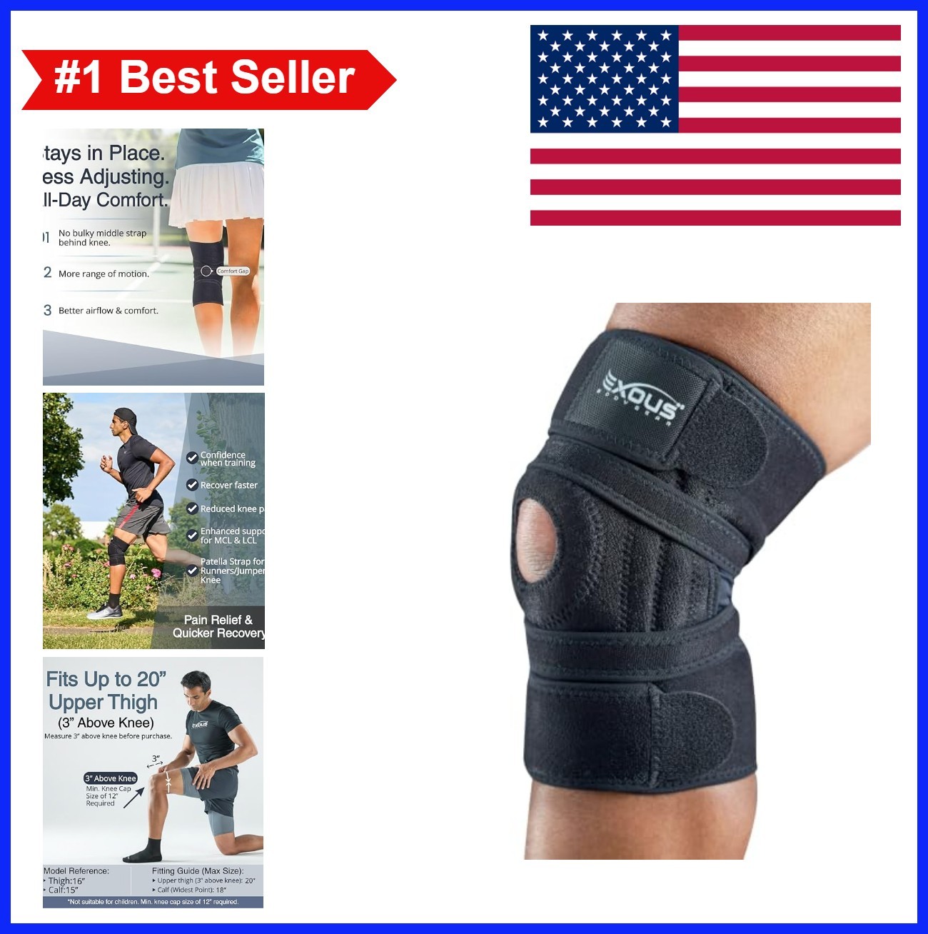 Knee Brace for Men Women 4 Way Adjustable Wraparound Patella Support Stabilizer