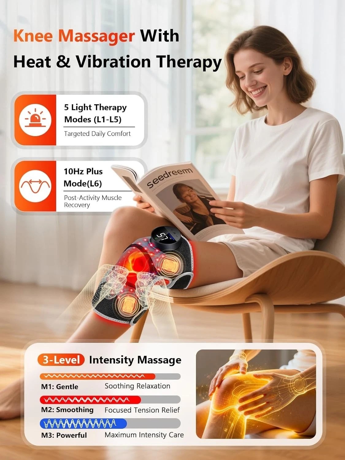 Targeted Knee Brace with 4 Massage Areas & Red Light Therapy – Cord-Free Relief