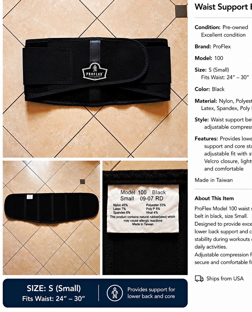 ProFlex Model 100 Waist Support Belt S Black Adjustable Vlcro 24-30in