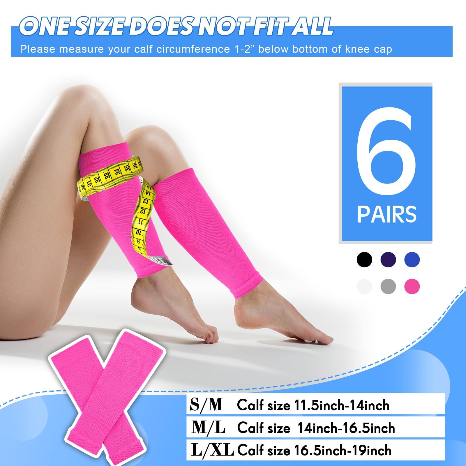 6 Pairs Calf Compression X-Large, White, Black, Gray, Blue, Blue Purple, Pink