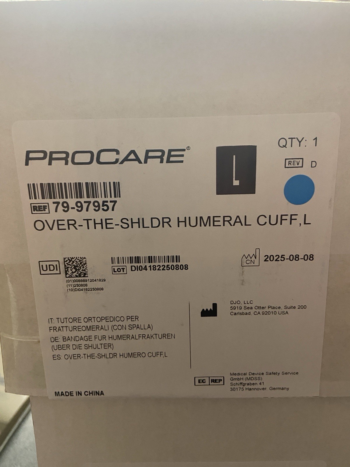 procare over the shoulder humeral cuff L New In Box Bicep Size 12-15 Inches