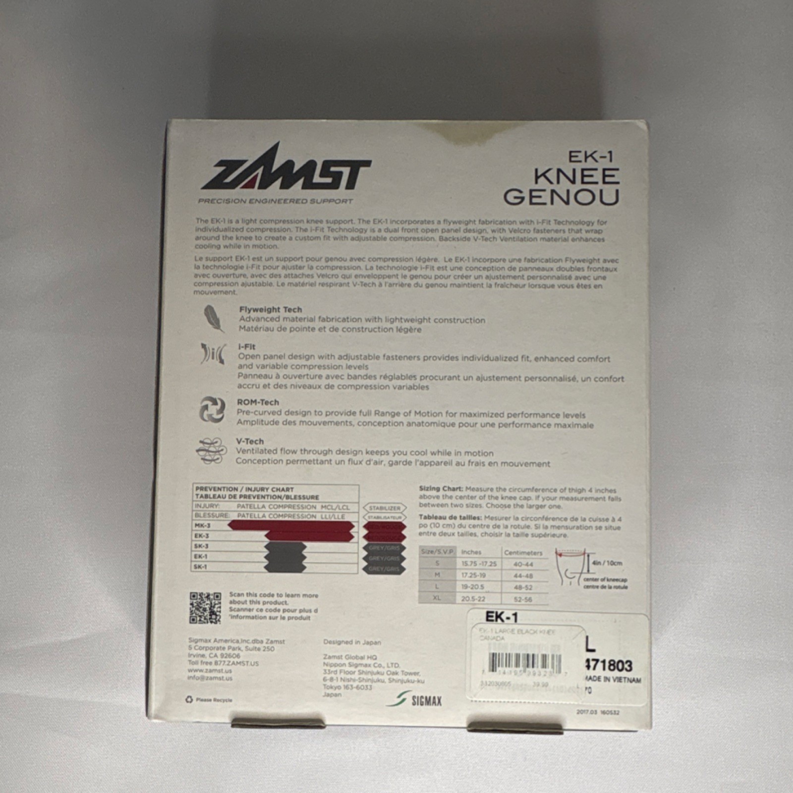 Zamst EK-1 Knee Brace Black Size Large Flyweight Tech Adjustable Ventilated