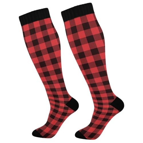JUNZAN Buffalo Plaid Red Black Knee High Socks Compression Socks for Women Men