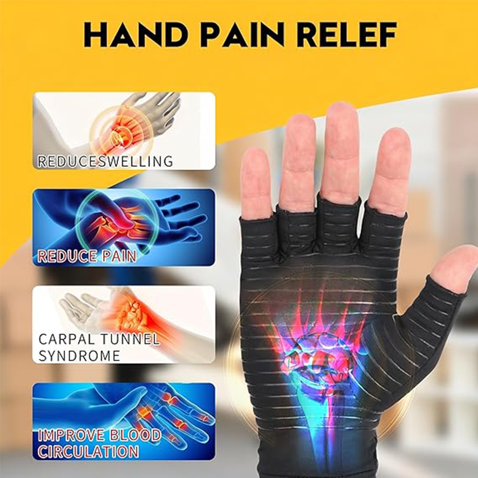 1 Pairs Copper Arthritis Compression Gloves Hand Support Joint Pain Relief Black