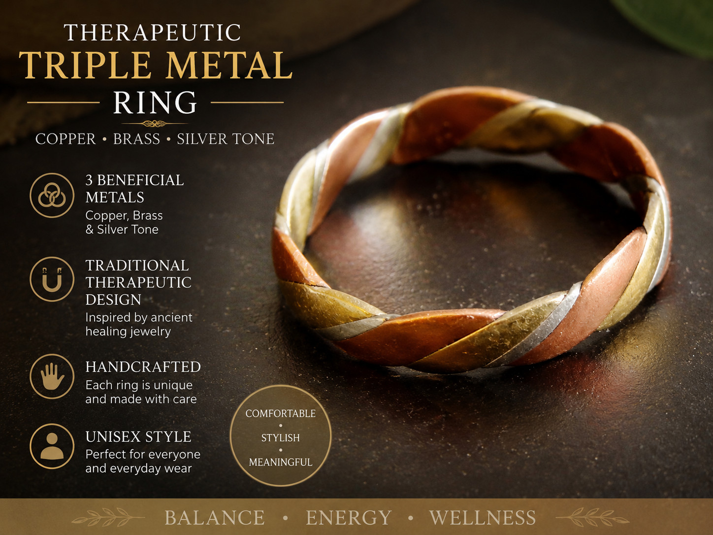 3-metal ring: Copper, bronze, German silver – pain relief