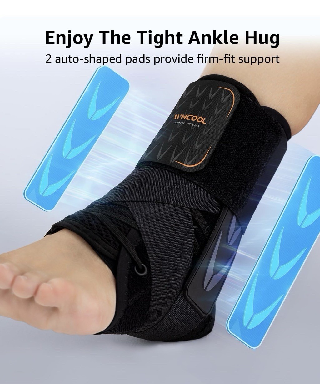 WHCOOL Slim-Fit Ankle Brace, Auto-Shaped Support Pads, Air Fabric, M (12″-13″)