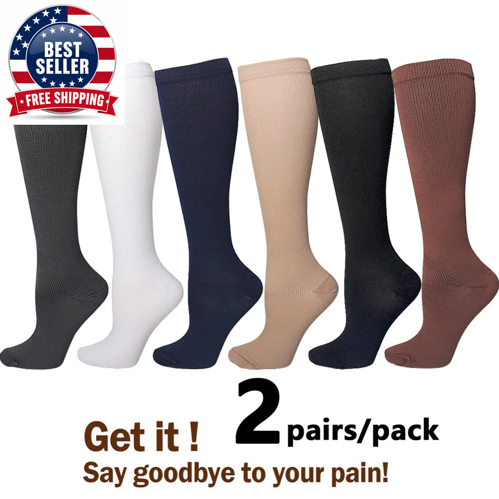 2Pairs Compression Socks Running Sports Socks Nursing 20-30Mmhg for Flight Trave