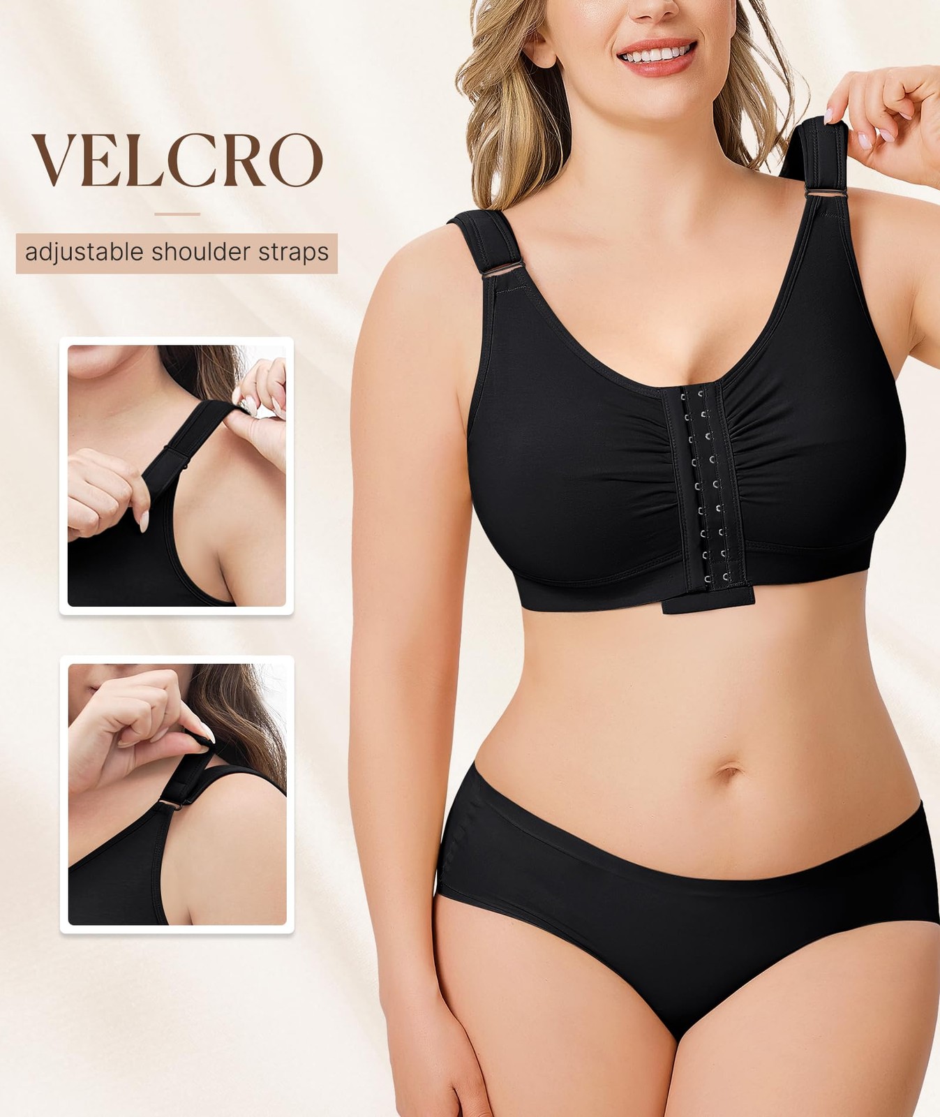 Post Surgery Front Closure Mastectomy Bra, Wireless, Full Coverage, Black L