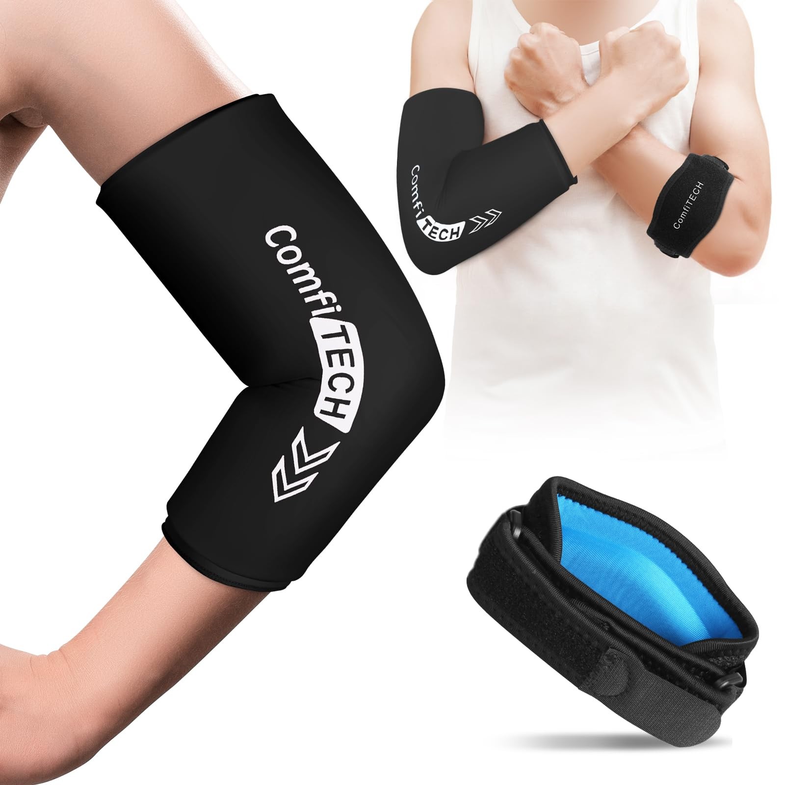 Comfitech Tennis Golfers Elbow Brace Strap & Ice Pack Wrap Medium, Black