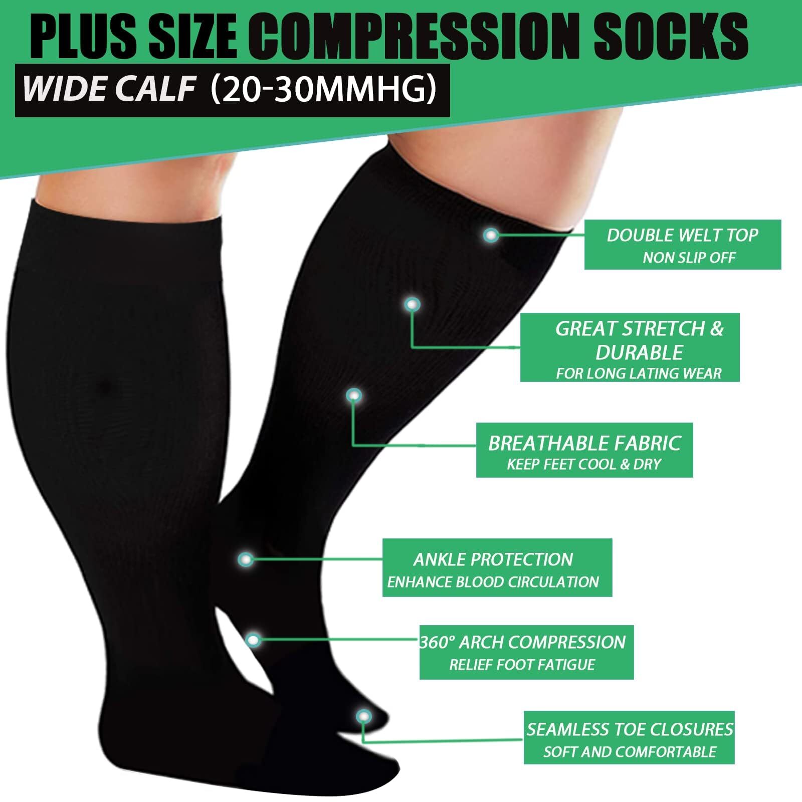 3 Pairs Plus Size 20-30mmhg Compression Socks Wide Calf Extra Large Knee High