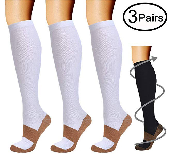 (3 Pairs) Copper Infused Compression Socks 15-20mmHg Graduated UNISEX S-XXL