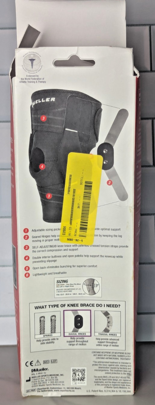Hinged Knee Brace, Mueller, Self-Adjusting, Unisex, One size Fits All, Black New