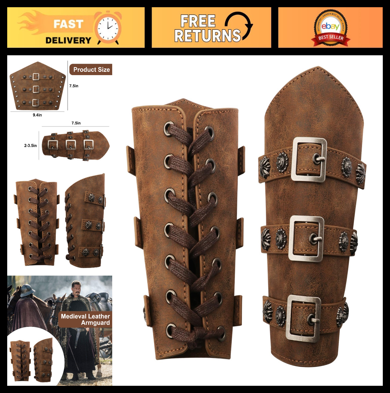 Medieval Leather Arm Bracer Gauntlet Wristband – Brown Buckle Cuffs for Costumes