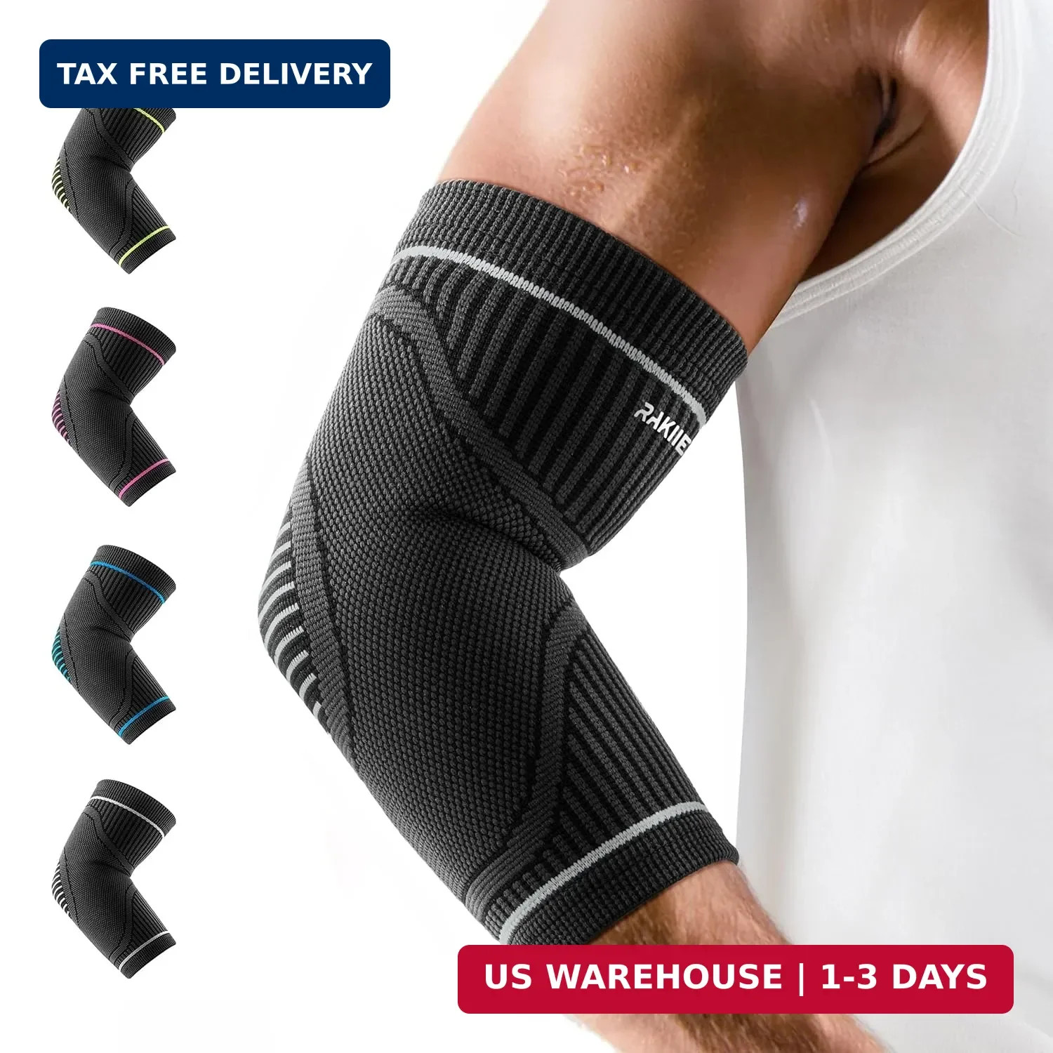 Rakiie Elbow Compression Sleeve 2 Pack, High Elastic Elbow Brace for Tendonitis