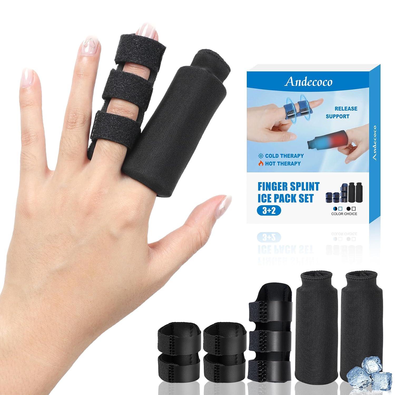 Trigger Finger Splint and Ice Pack Sleeve (3+2 Set) for Pain Relief Injured Fing