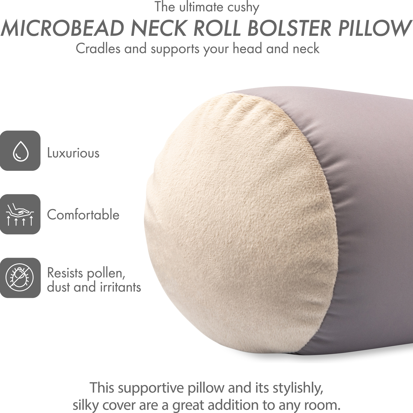 Microbead Bolster Neck Roll Pillow – Silky Feel, 14″ x 8″, Stone Grey