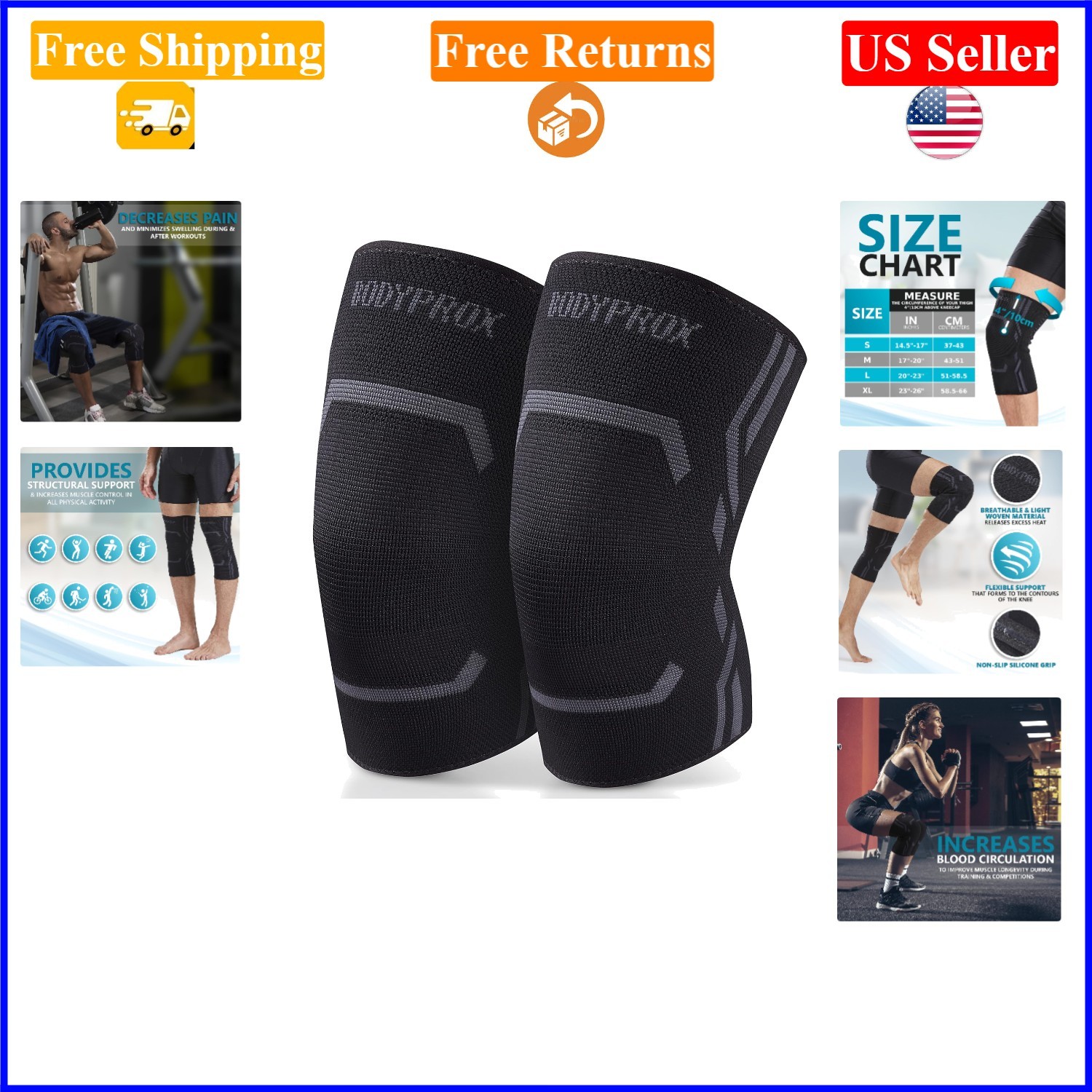 Large Black Knee Compression Sleeves 2-Pack for Men & Women, Supports Running…