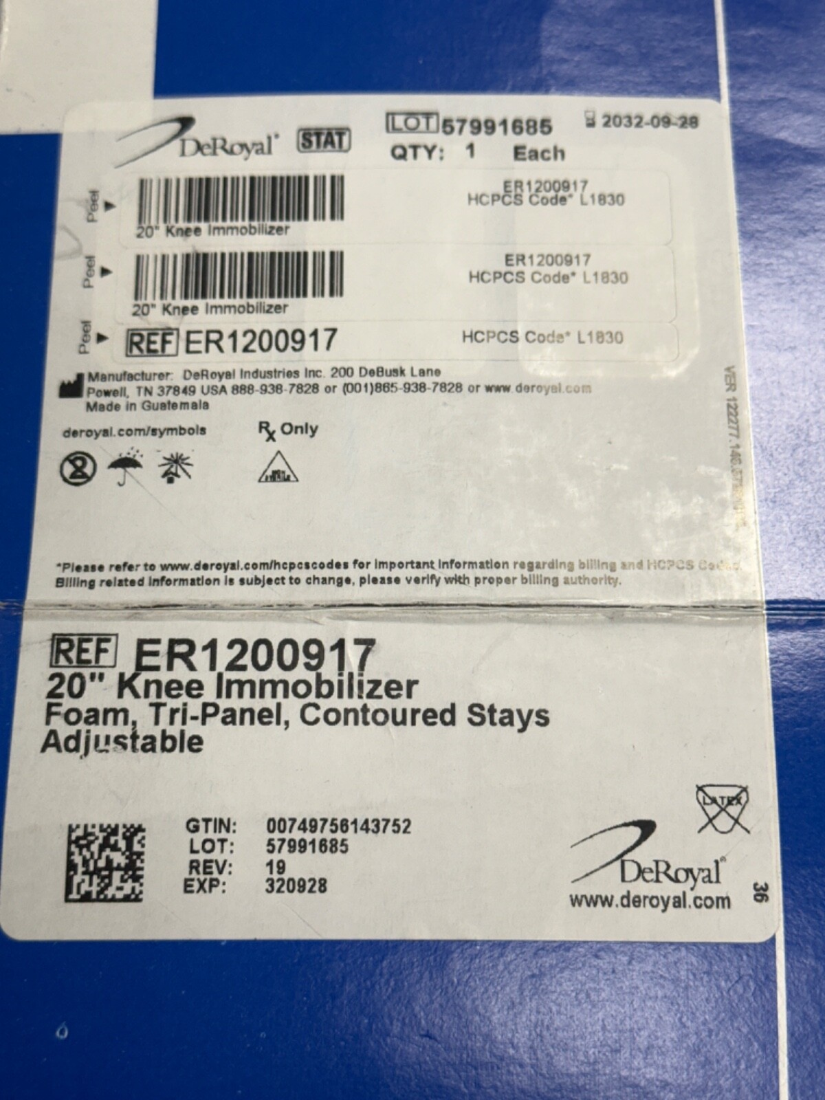 Da Royal 20″ Knee Immobilizer ER1200917 New, Shelf Worn Box Leg Brace Support