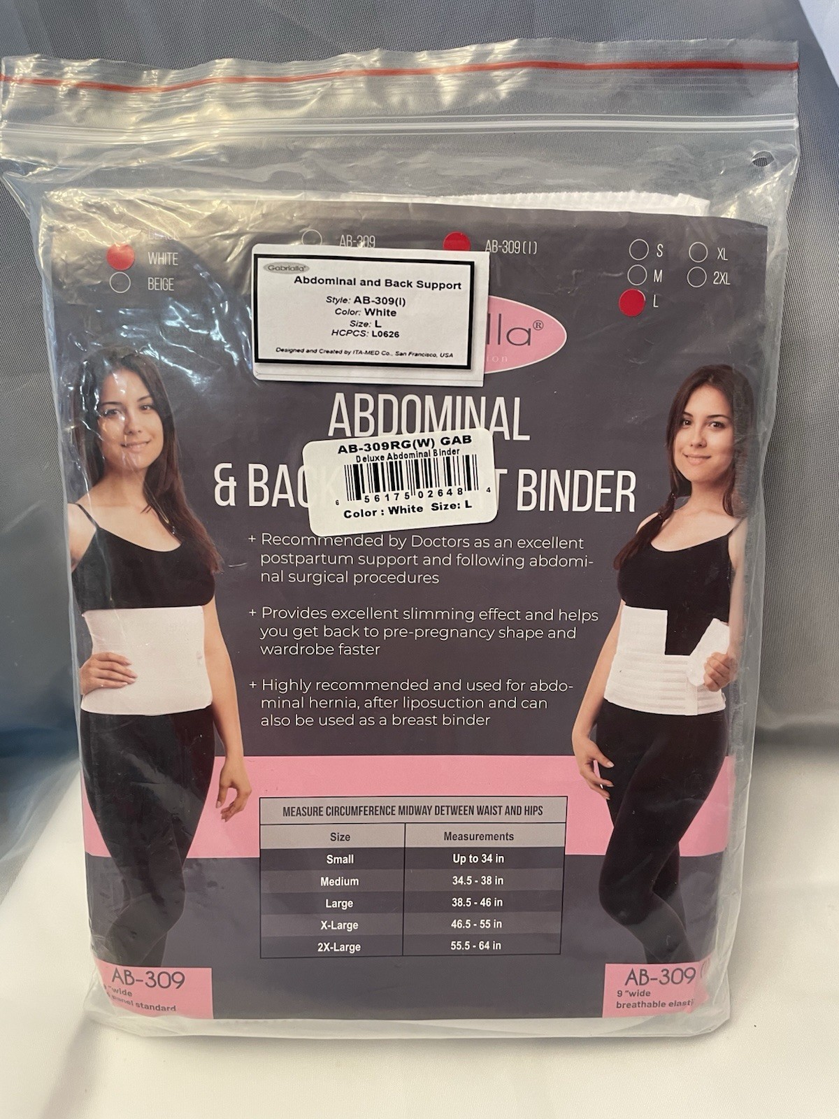 Gabrialla Elastic Abdominal & Back Support Binder 9″ Wide AB-309(i) – White Sz L