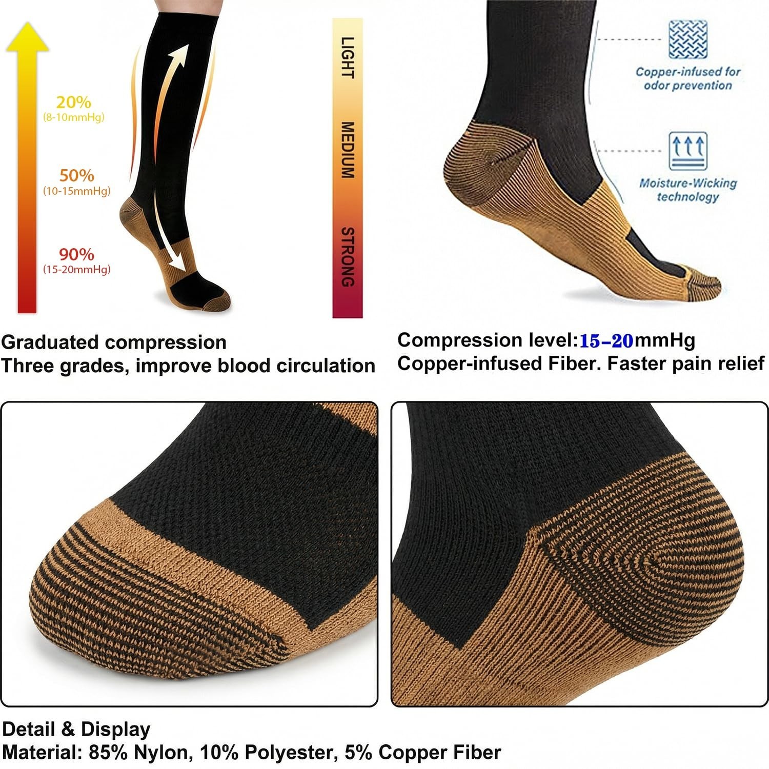 Copper Compression Socks 8 Pack for Men & Women – Knee High 15-20mmHg Support fo