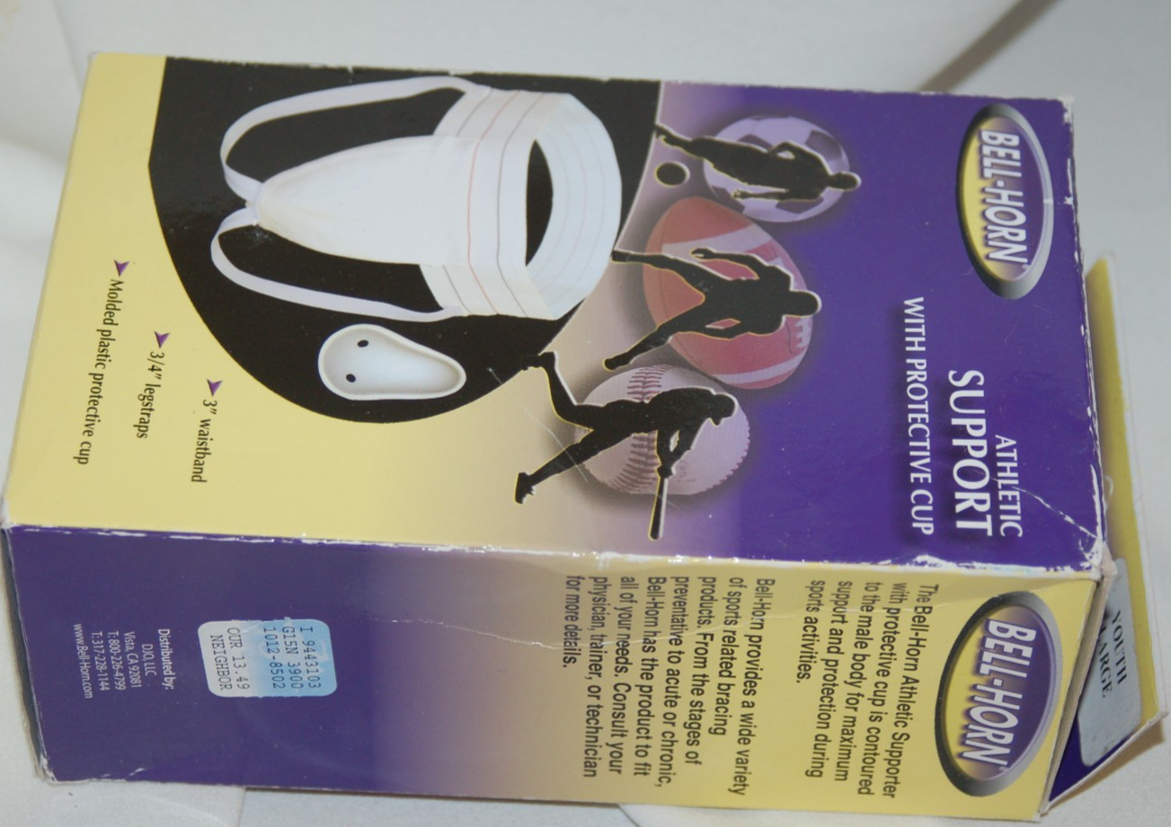 BELL HORN ATHLETIC SUPPORT WITH CUP YOUTH LARGE NIP SEALED BAG WHITE 3″ WAISTBND
