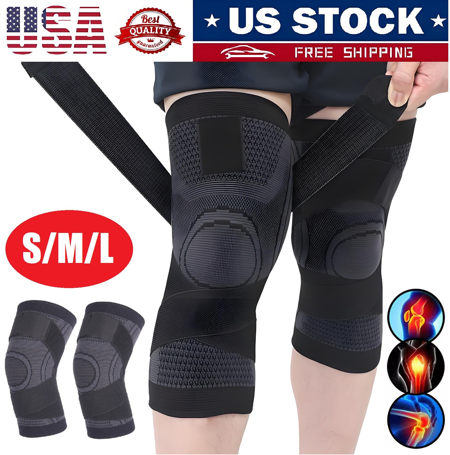 2× Knee Sleeve Compression Brace Support Sport Joint Pain Arthritis Relief Strap