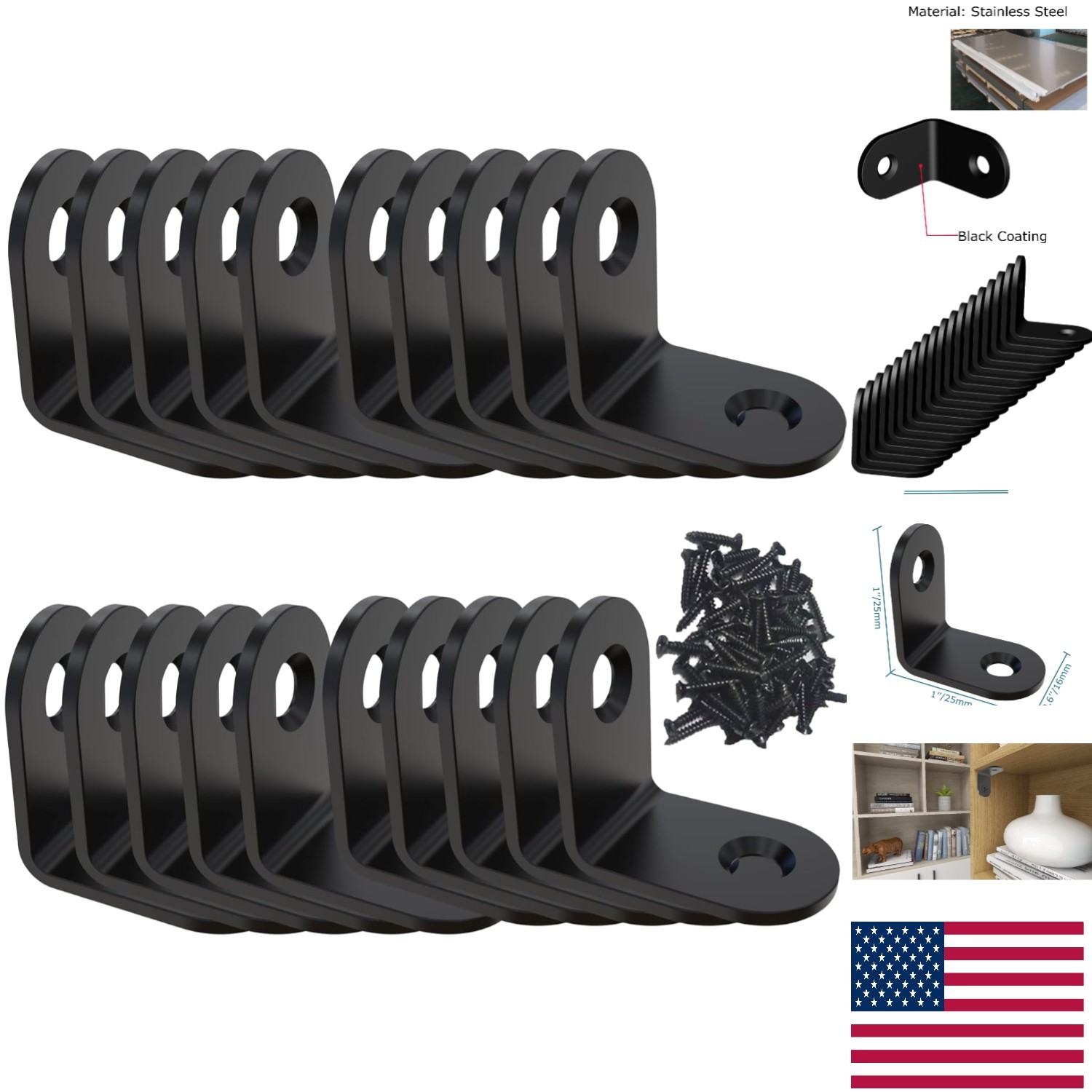 Versatile 20-Pack Black Corner Brackets – Stainless Steel for Furniture