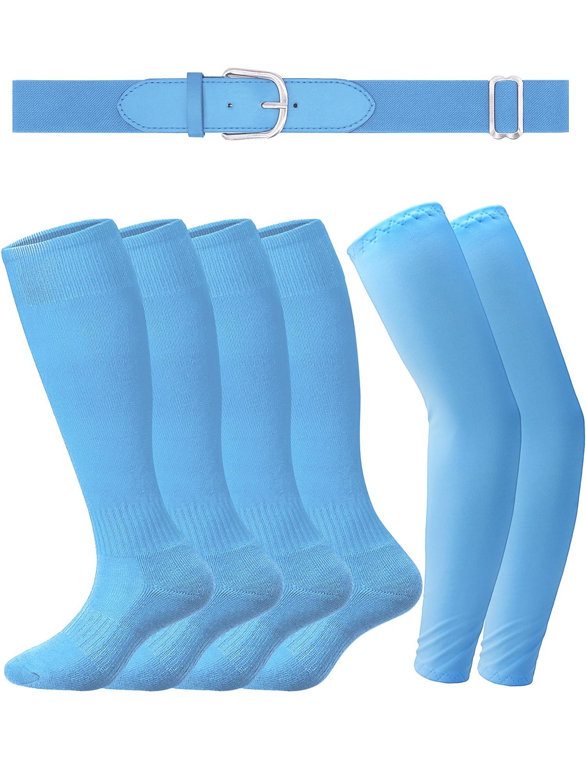 4 Pack Light Blue Baseball Belt and Socks with Arm Sleeve Softball Arm Sleeve…
