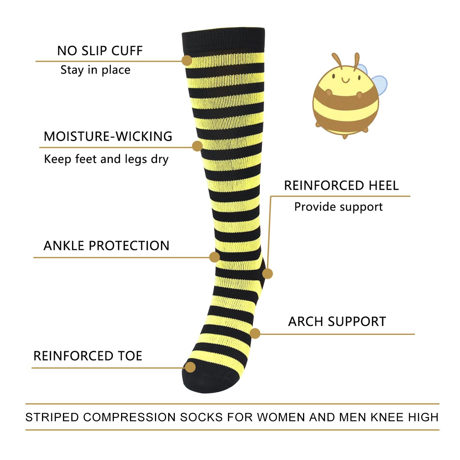 Junely Bee Compression Socks for Women Knee High Stockings for Halloween Runn…