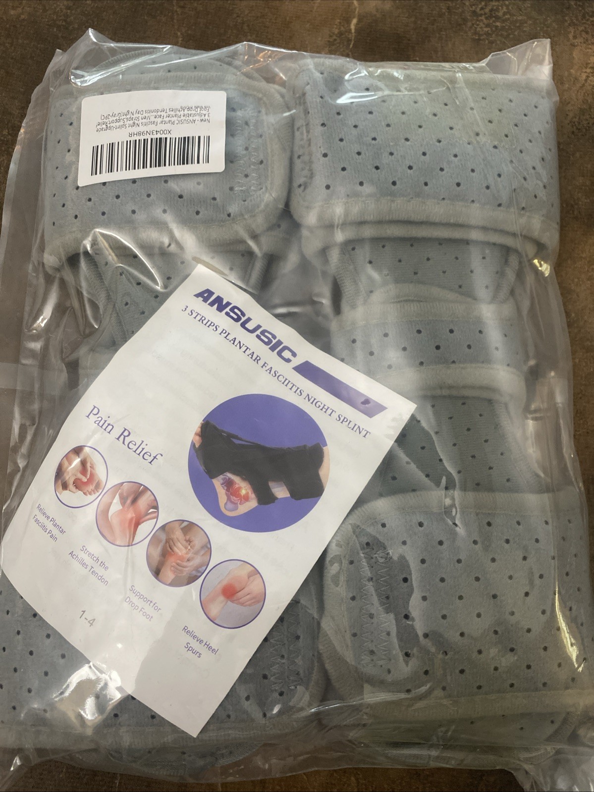 2 Pack -ANSUSIC Plantar Fasciitis Night Splint Gray Foot Drop Brace Adjustable