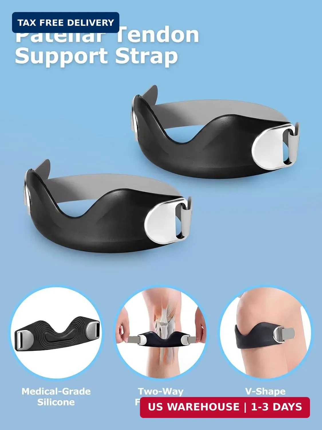 Silicone Patellar Tendon Support Strap 2 Pack, Knee Band for Sports Hiking, Socc