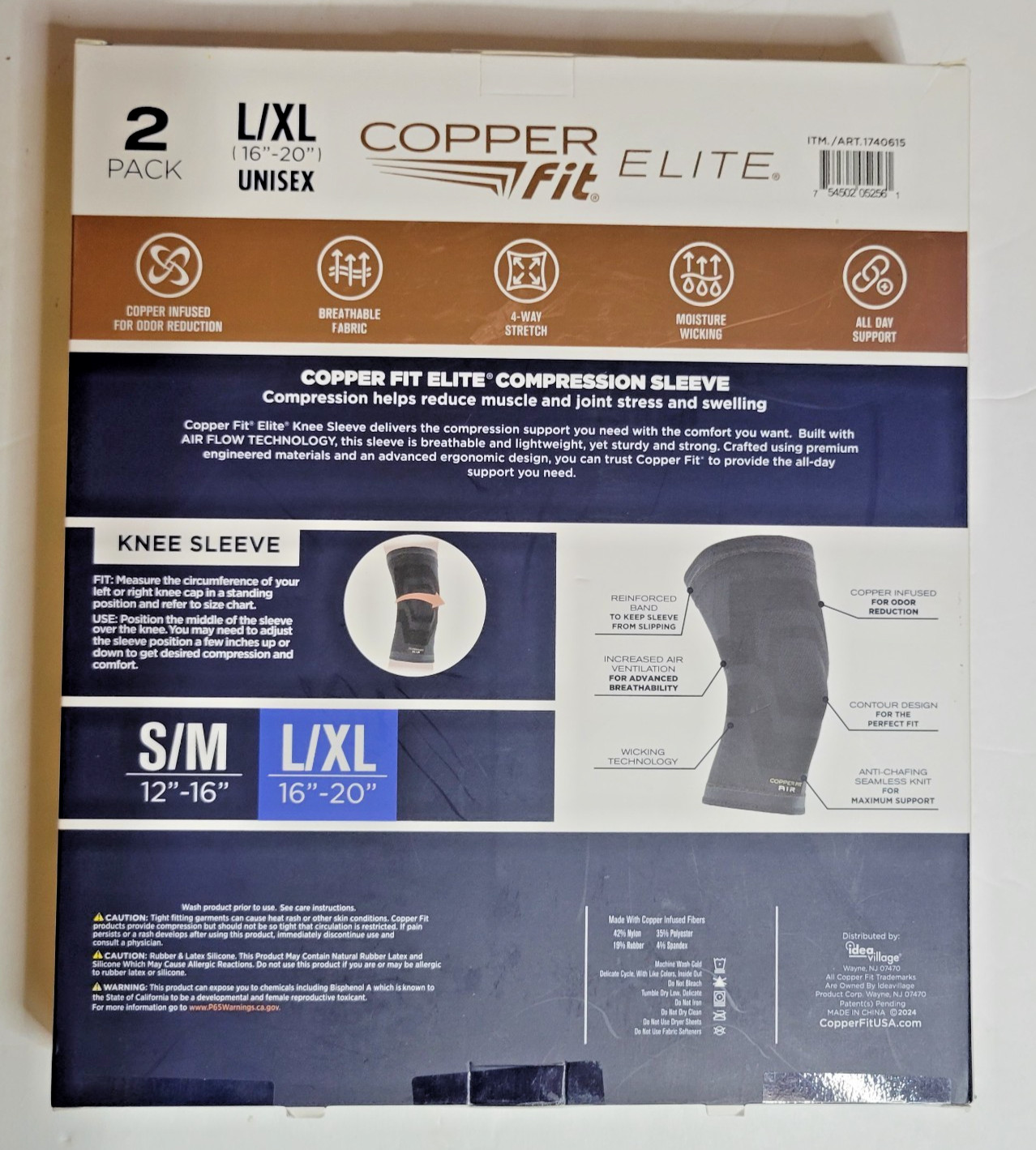 Elite Copper Fit Knee Compression Sleeve Flexible L/XL 16″-20″ 2 Pack