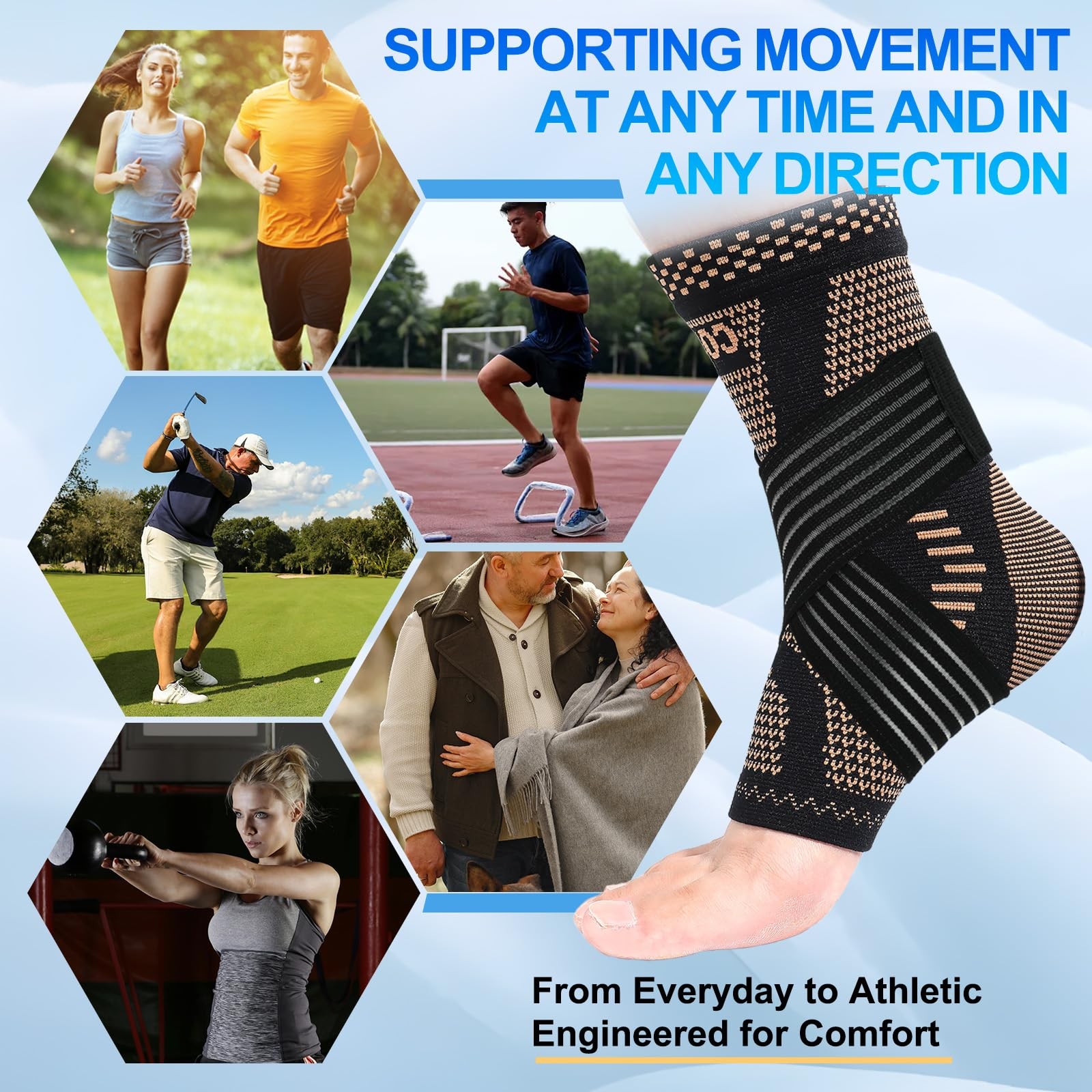 LISEPWU Copper Ankle Brace with Adjustable Compression Bandage, Large, Black