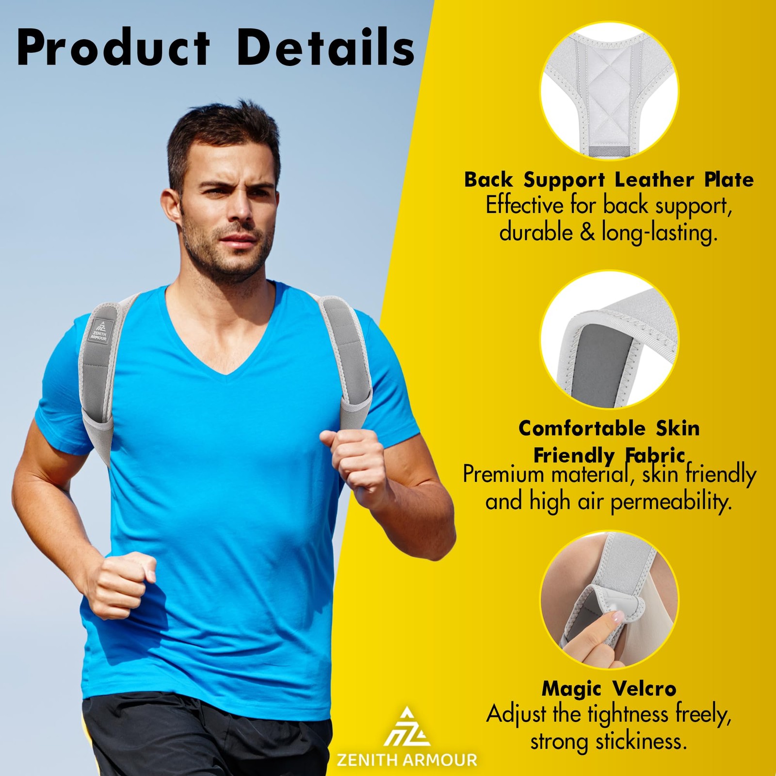 Zenith Armour Back Posture Corrector for Men and Women – Adjustable Gray