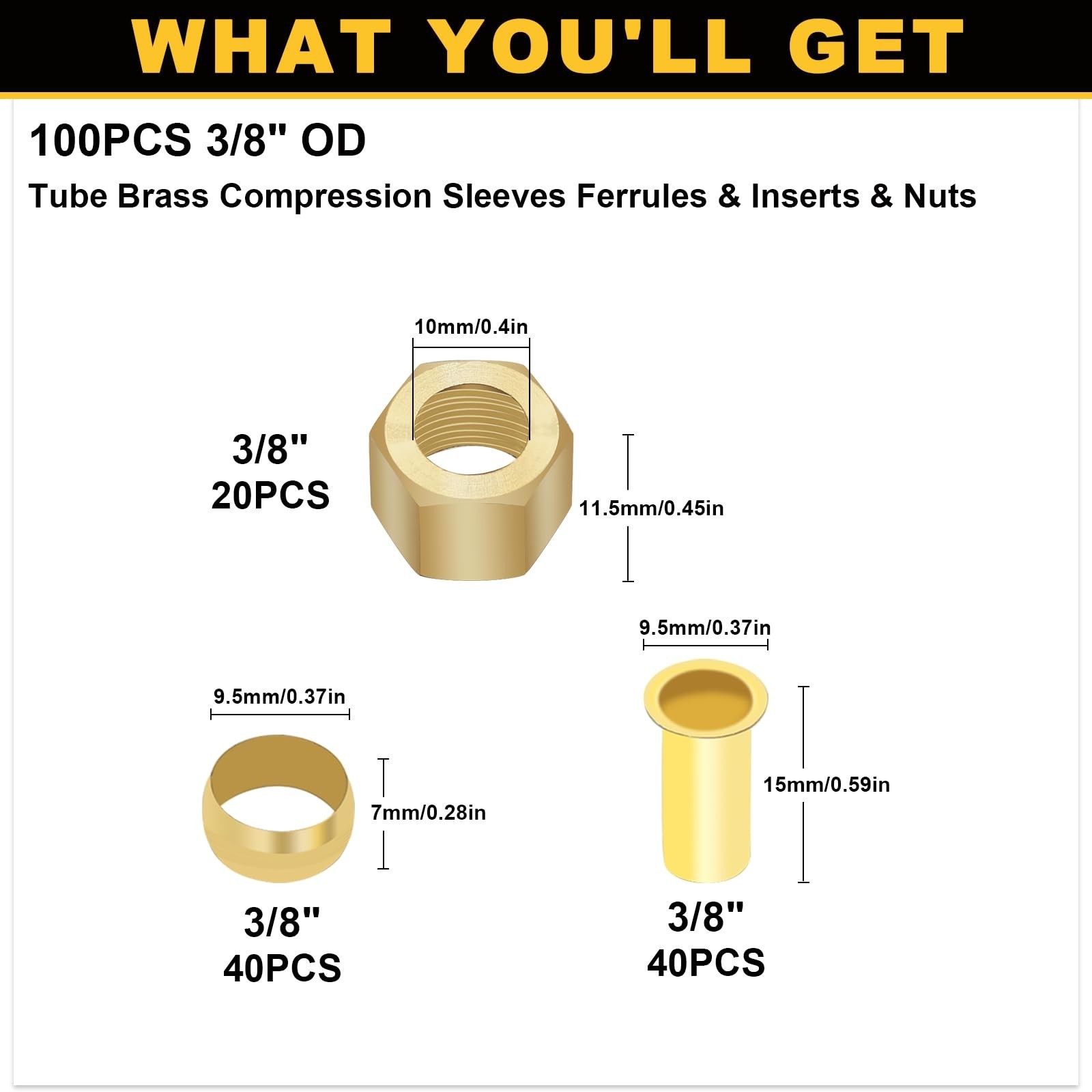 100PCS 3/8″ Brass Compression Sleeves & Inserts Kit for Air, Water, Fuel, Oil