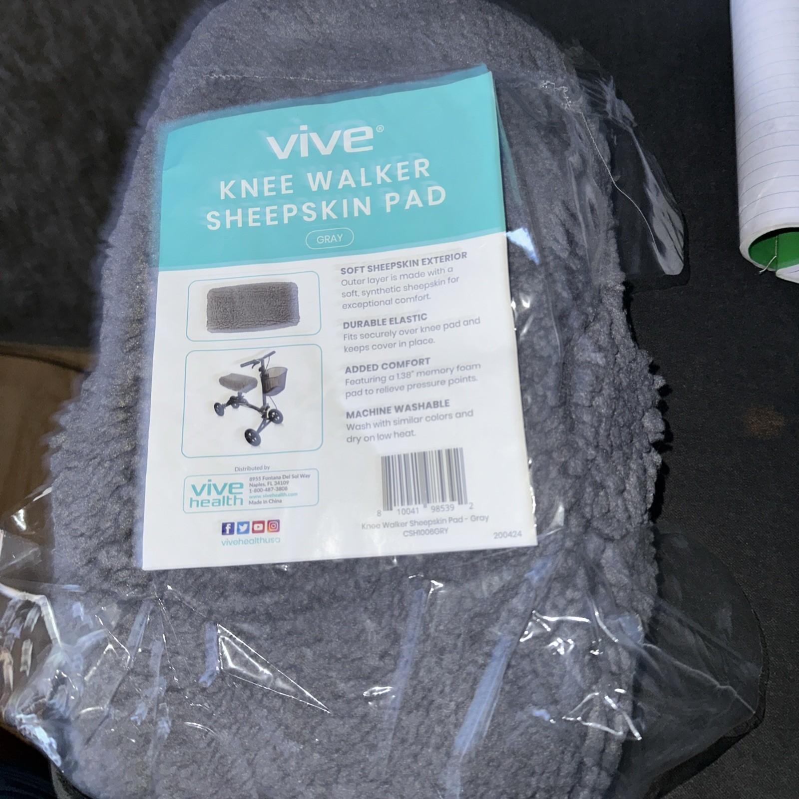Vive Knee Walker Sheepskin Pad, Universal Fit, Gray Open Box
