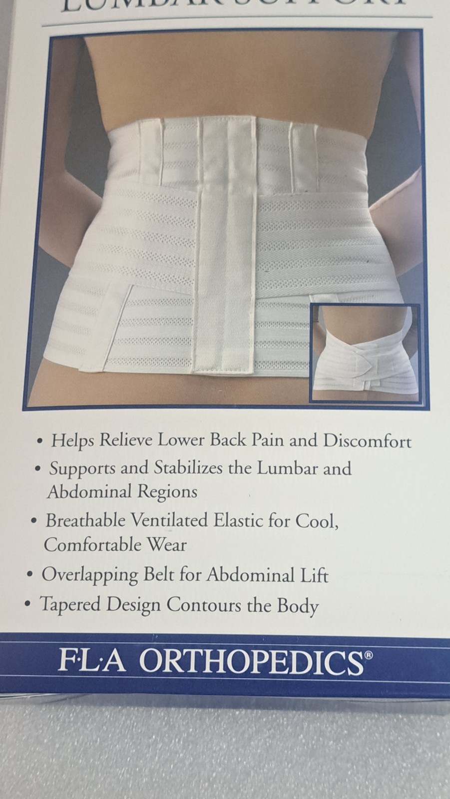 FLA Orthopedics Lumbar Sacral Back Support with Abdominal Belt White New