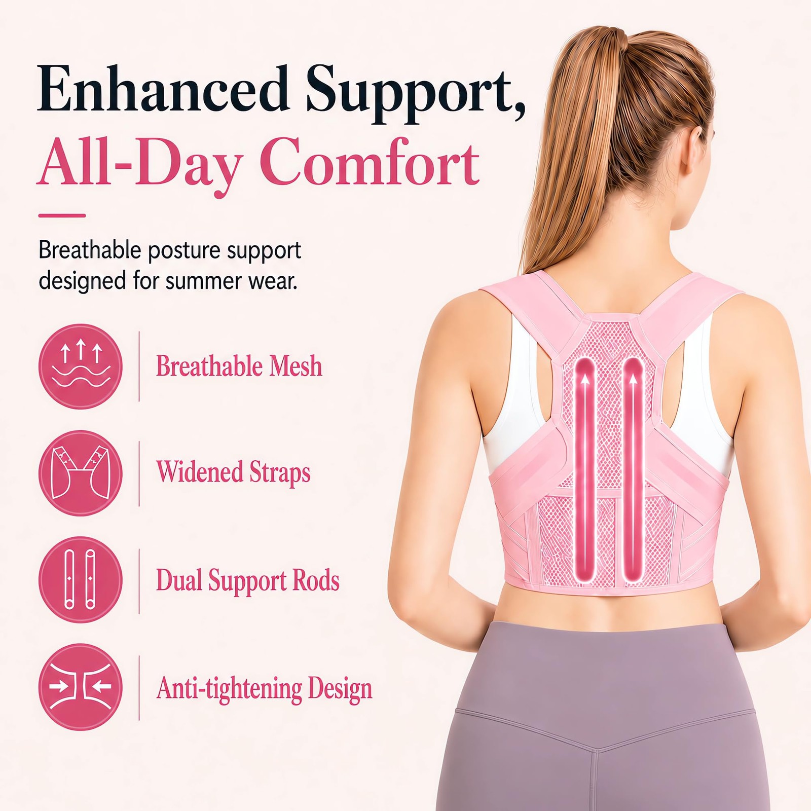 Lightweight Posture Corrector with Upper Back Brace for Women & Medium, Pink