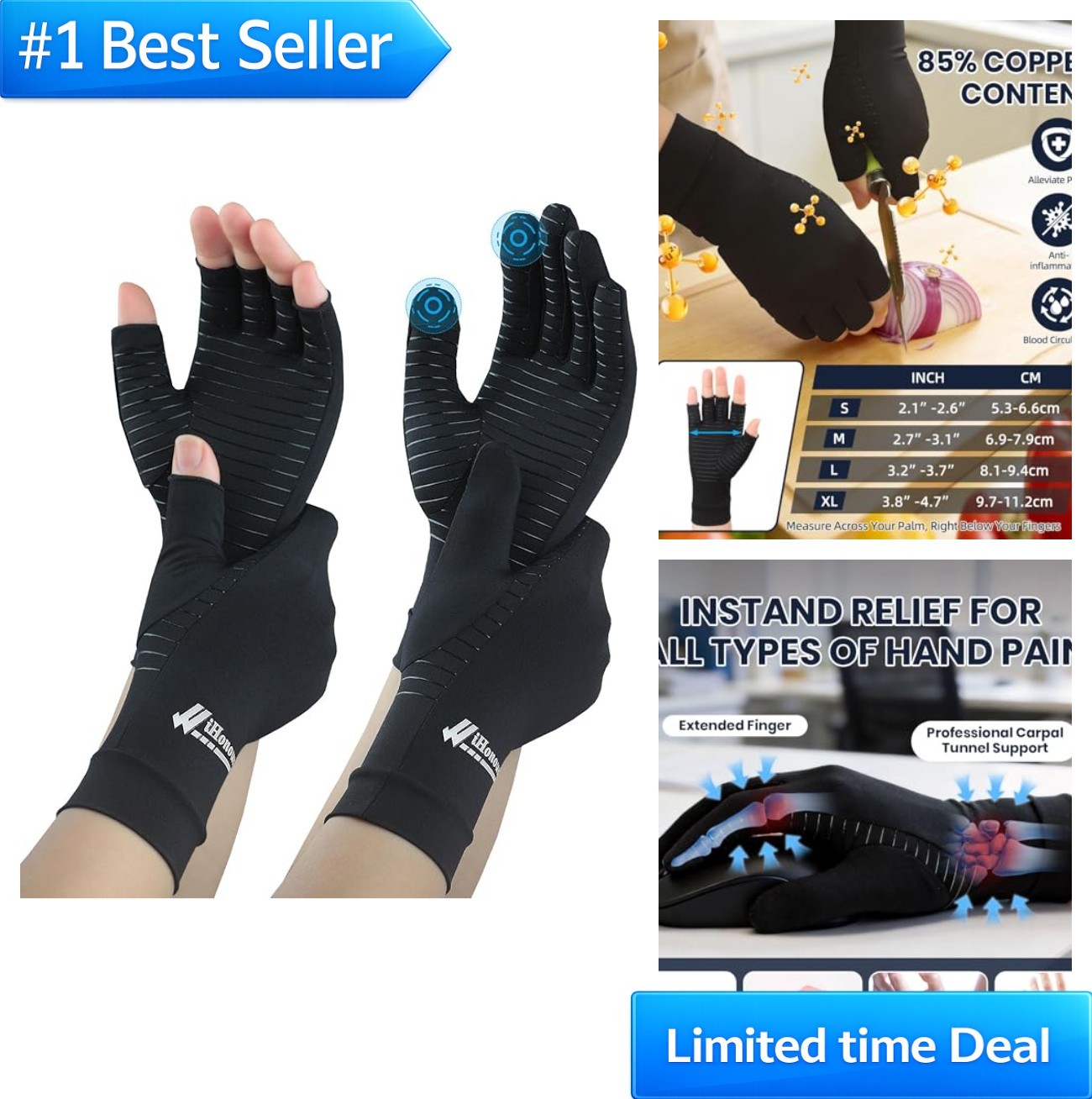 Copper Arthritis Gloves 2 Pairs Compression Hand Support for Pain Relief Carpal