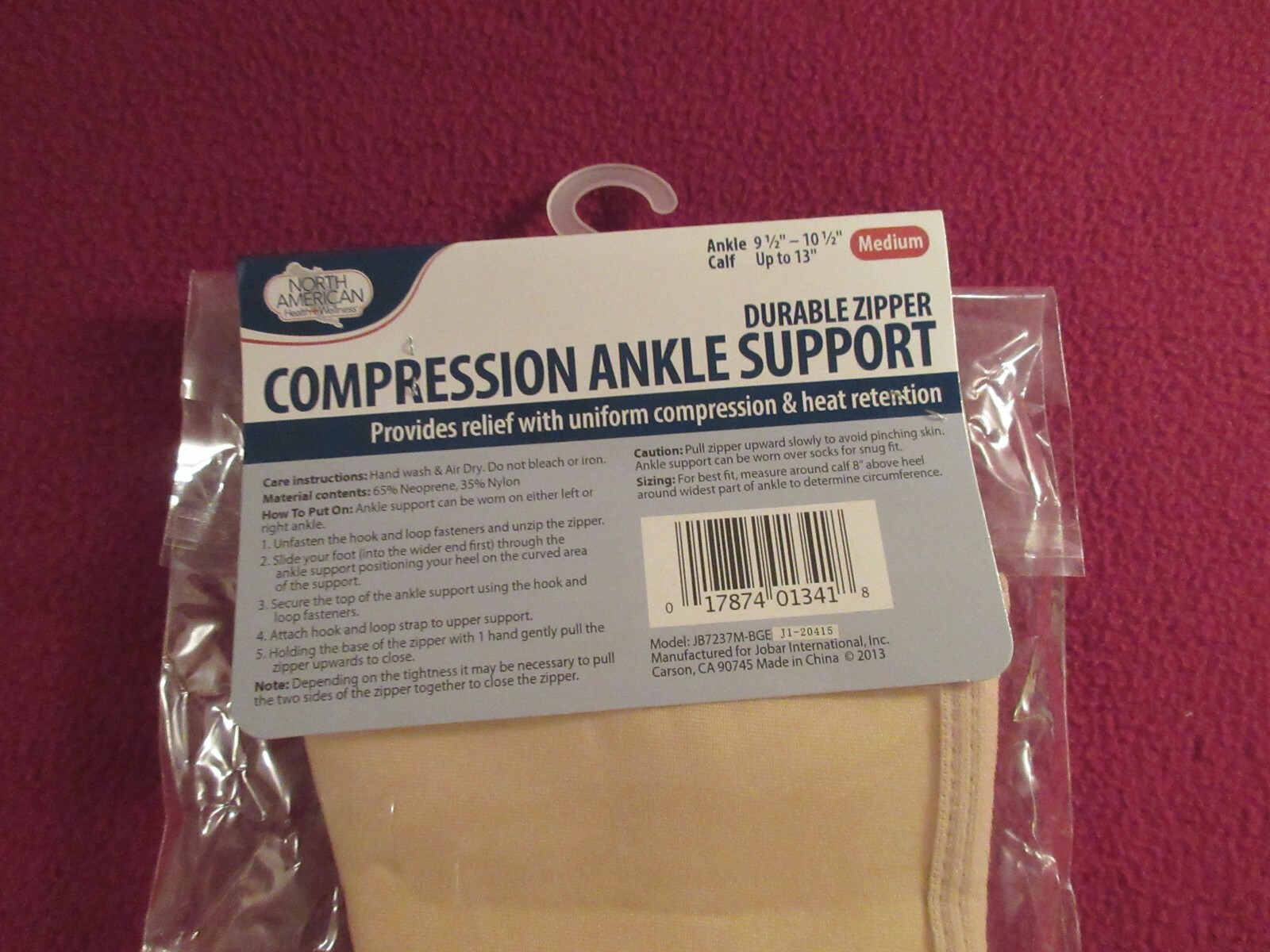 COMPRESSION Ankle Brace Support w/ Zipper Closure SIZE MEDIUM 91/2” – 101/2”