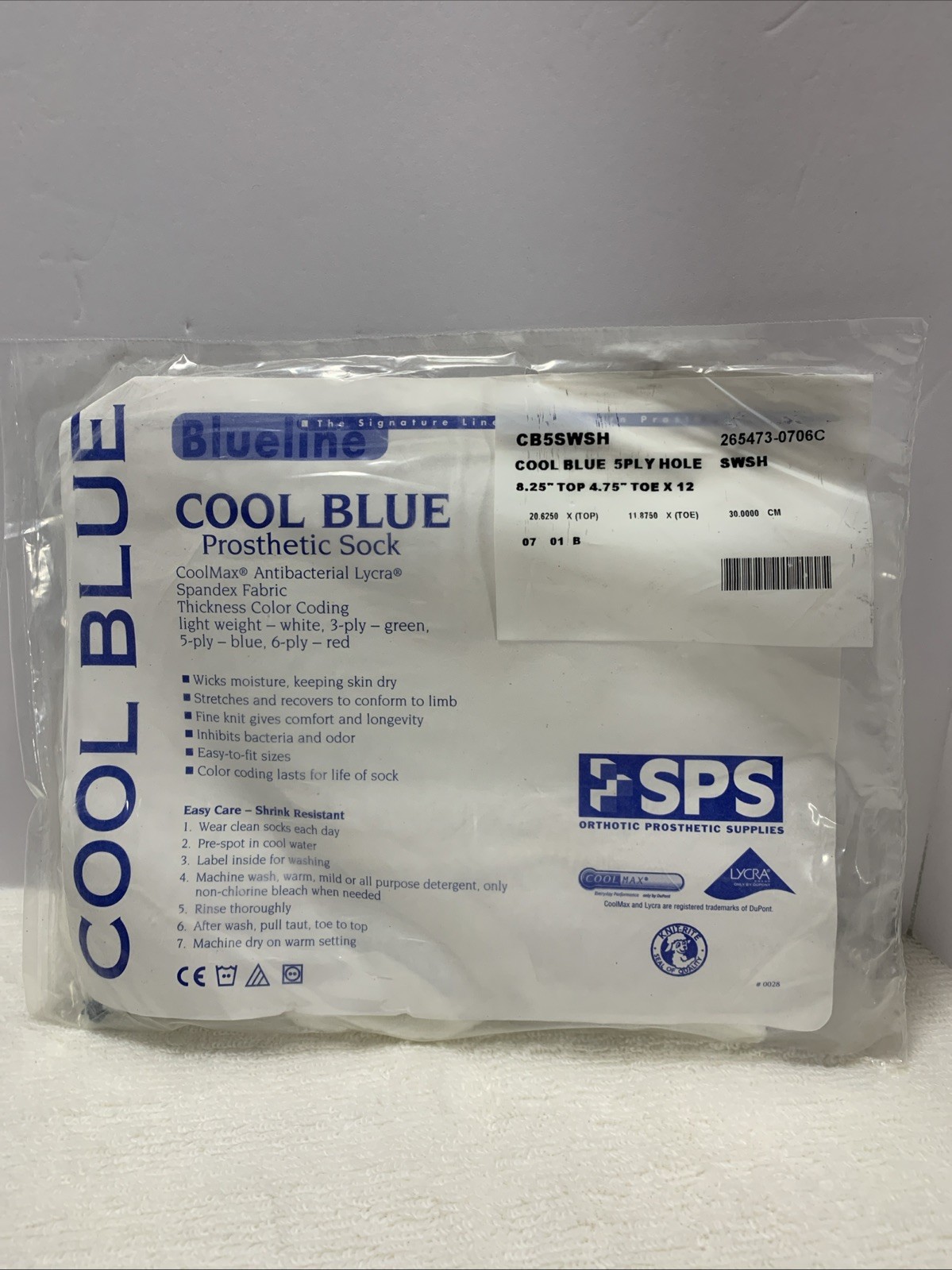 NEW Cool Blue Prosthetic Sock CB5SWSH 5ply Hole 8.25” Top 4.75”