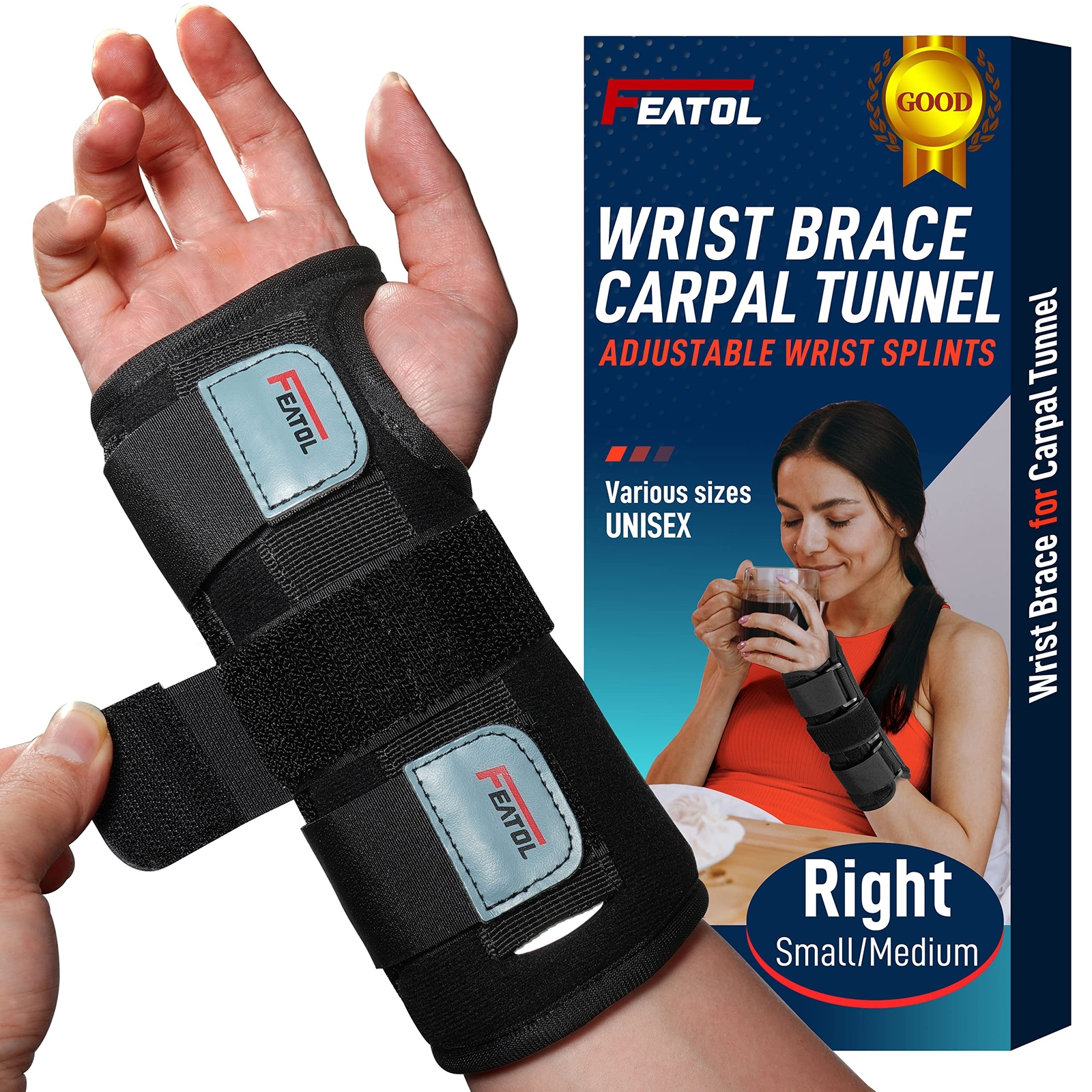 FEATOL Wrist Brace for Carpal Tunnel, Adjustable Night Wrist Support Brace wi…