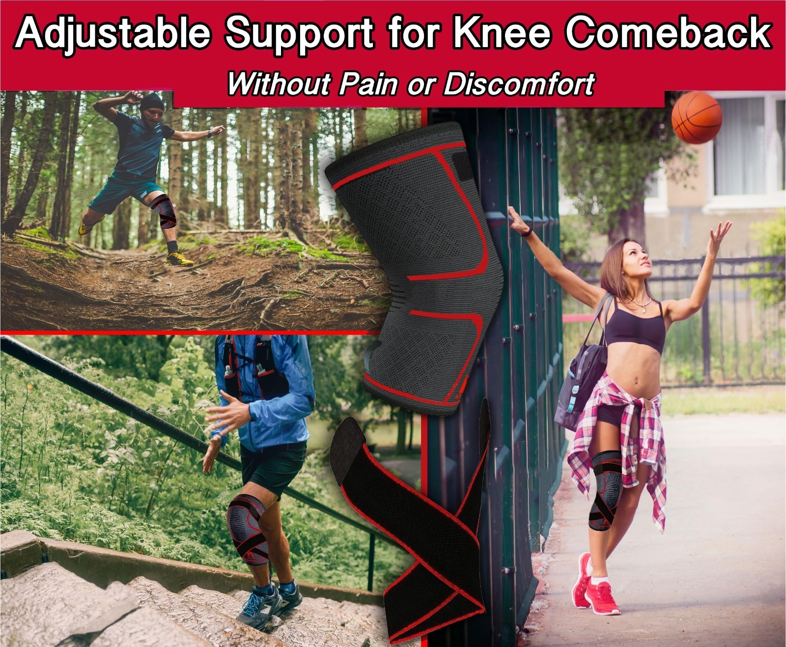 Knee Brace Compression Sleeve with Adjustable Strap for Pain Relief & Support, M