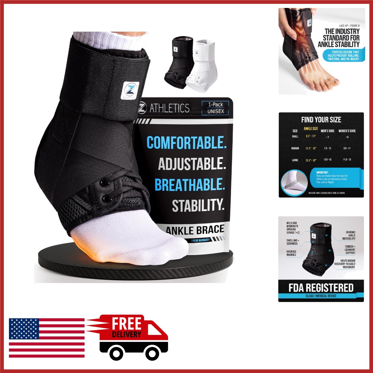 Lightweight Ankle Support Brace for Basketball, Volleyball, Running – Black