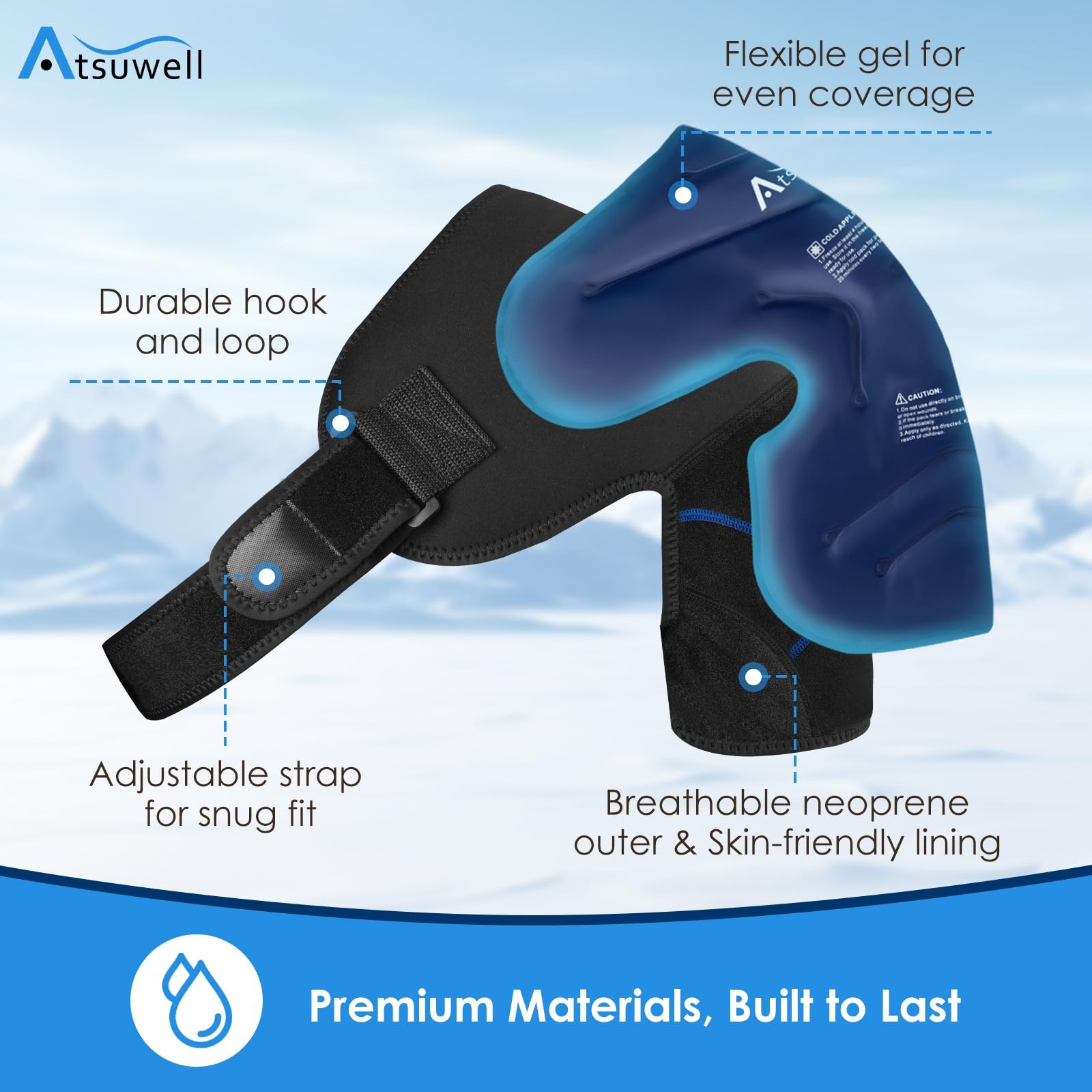 Atsuwell Shoulder Ice Pack Wrap & Brace for Rotator Cuff Cold Large, Black