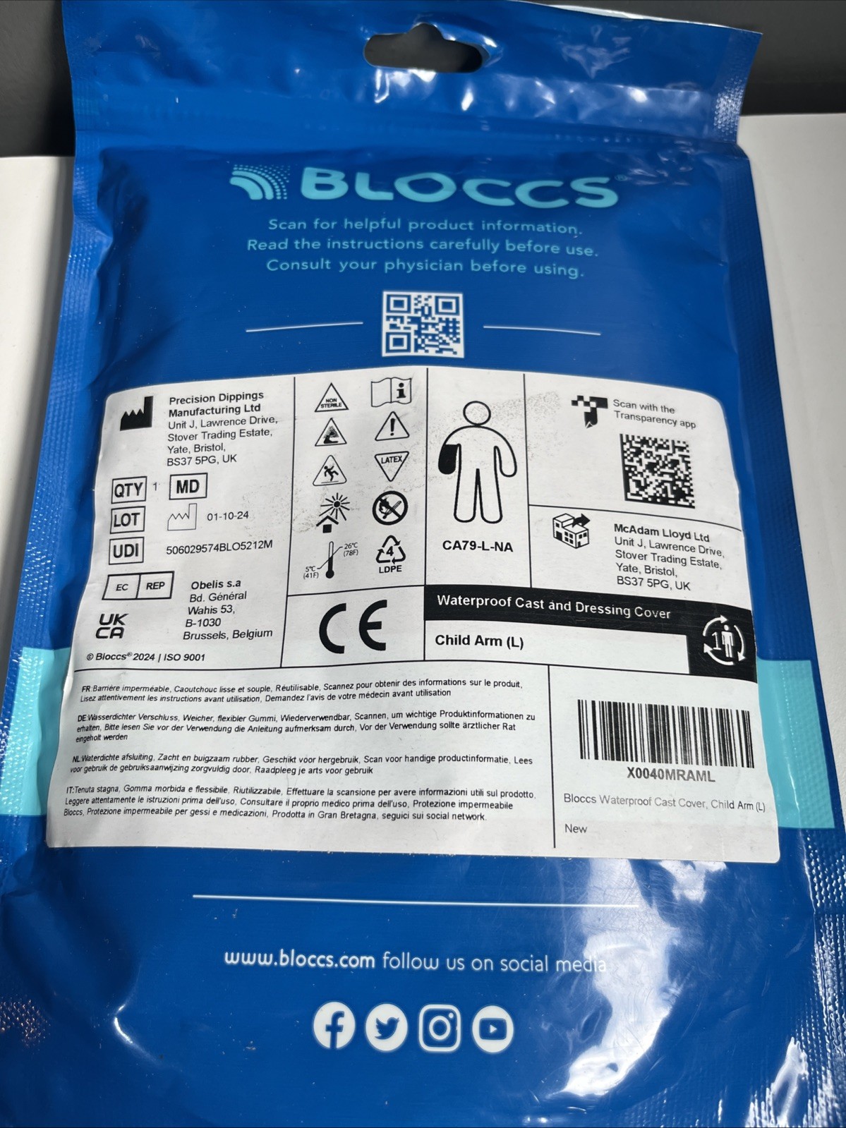 Bloccs Waterproof Cast & Dressing Cover Child Full Arm Sz Large Brand New Works